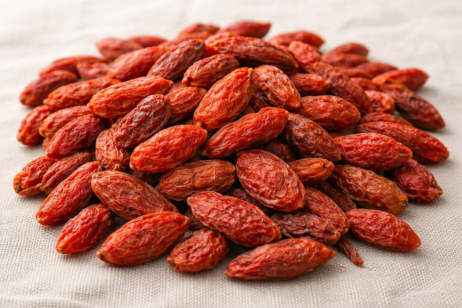 Dried goji berries on linen representing the ancient Chinese wellness tradition of Gou Qi Zi for vitality and longevity