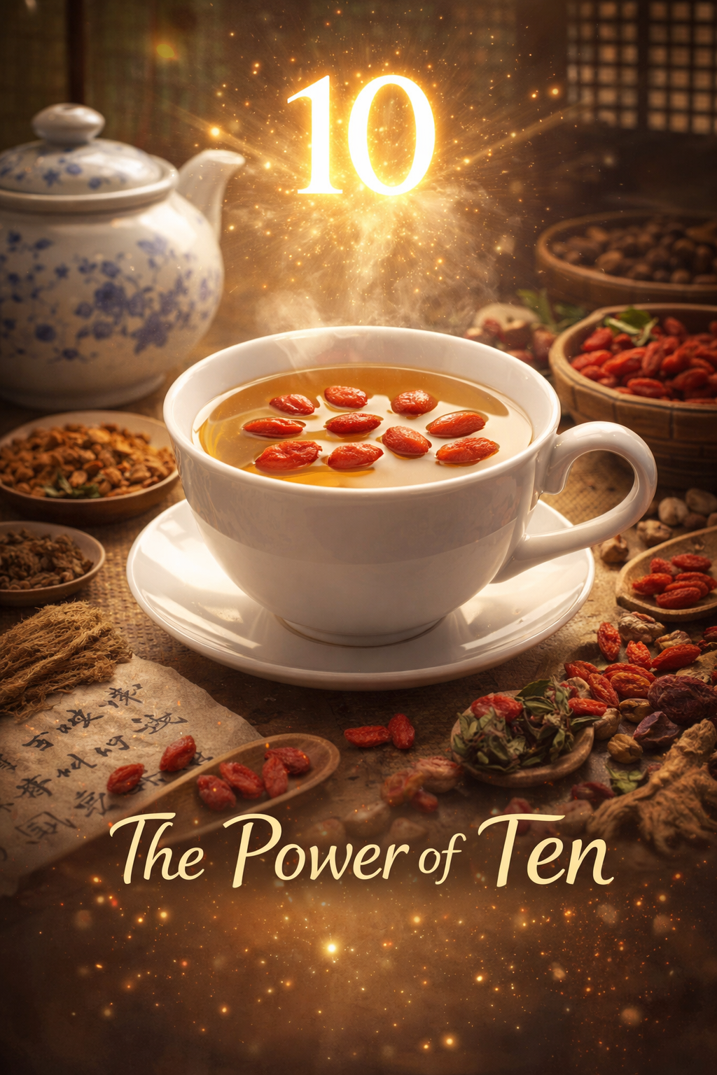 A cup of goji berry herbal tea representing the traditional Chinese practice of using ten berries for balance and nourishment